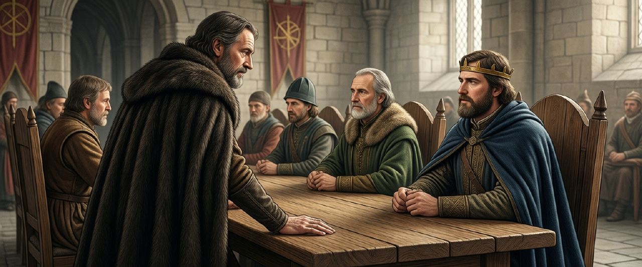 A newly crowned king in a blue cloak faces his council across an oak table