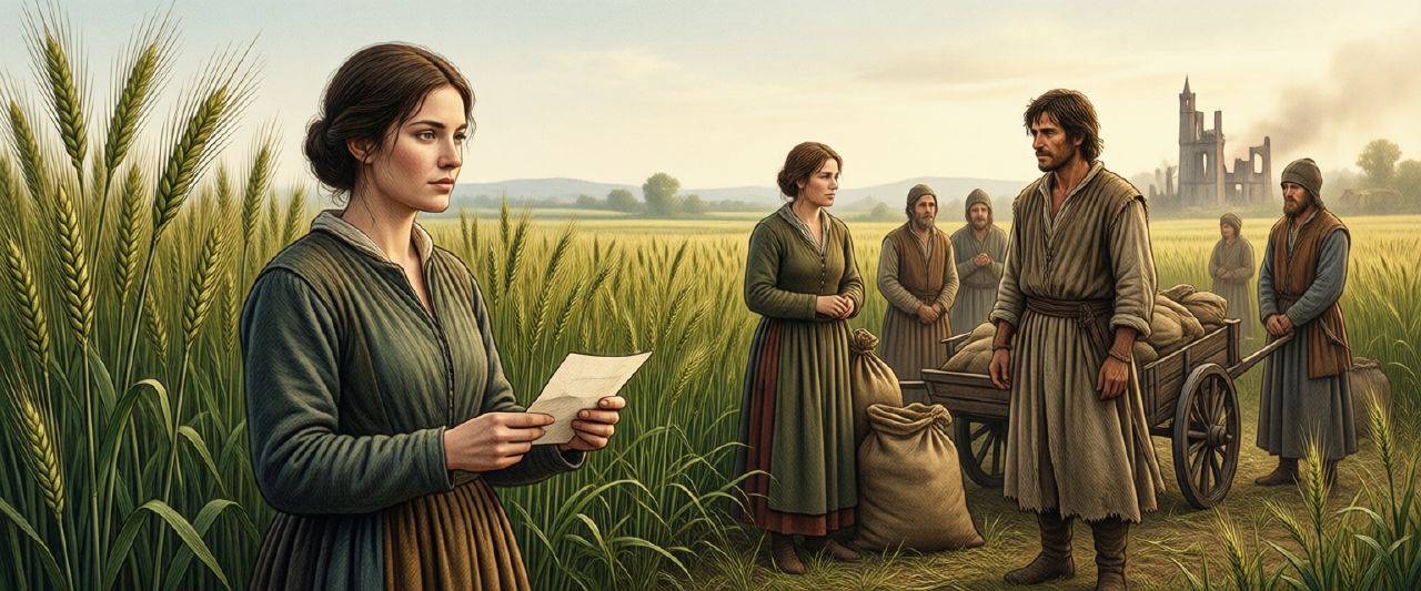 A woman reads a letter in a wheat field while villagers gather behind her