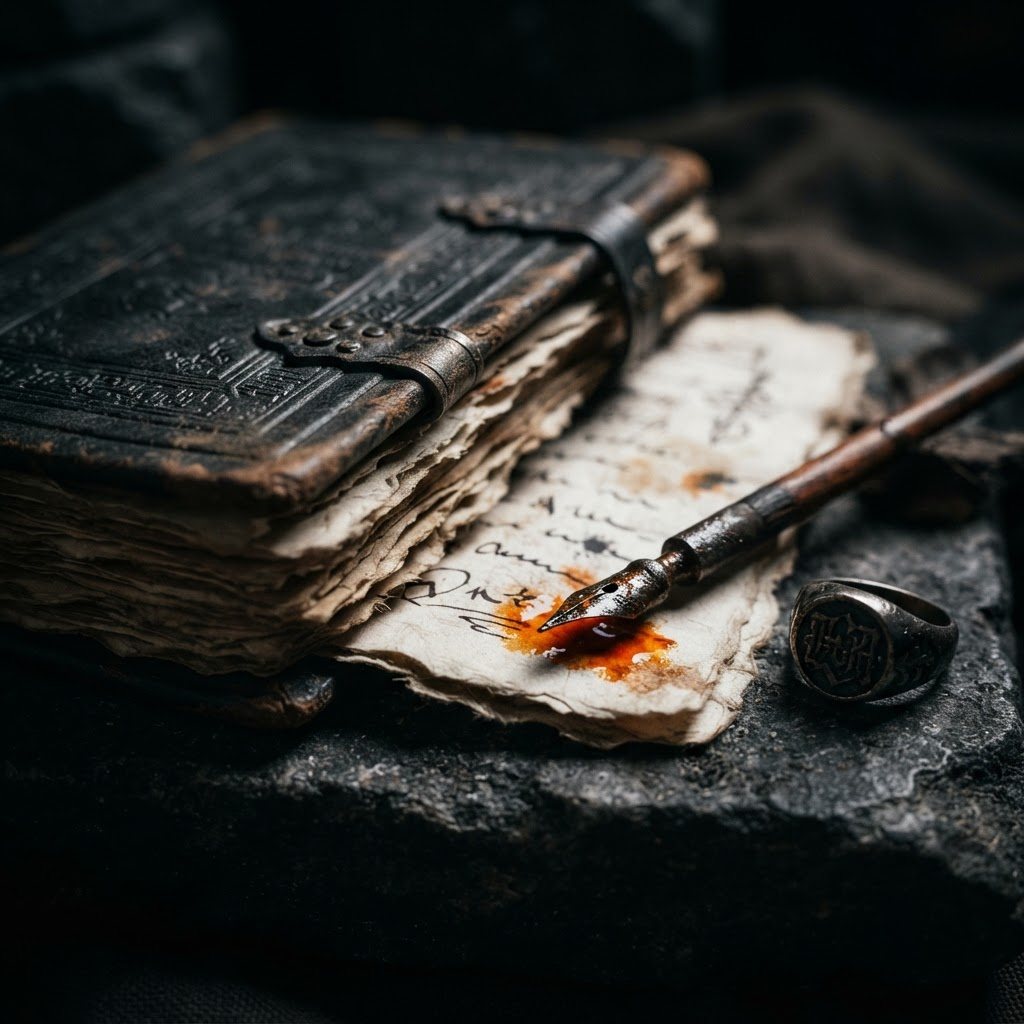 A worn leather book, a dip pen bleeding orange ink and a signet ring on dark stone