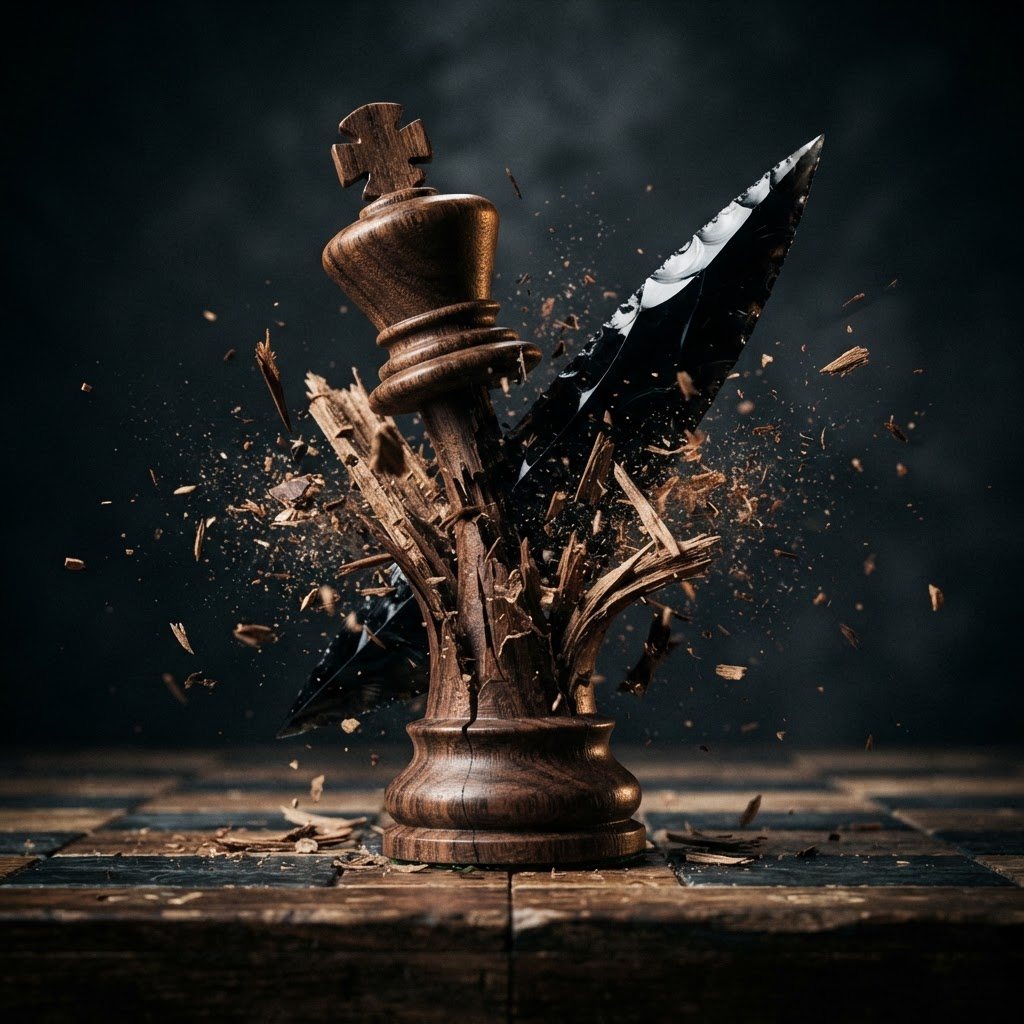 A wooden chess king splintering as a dark blade breaks through it
