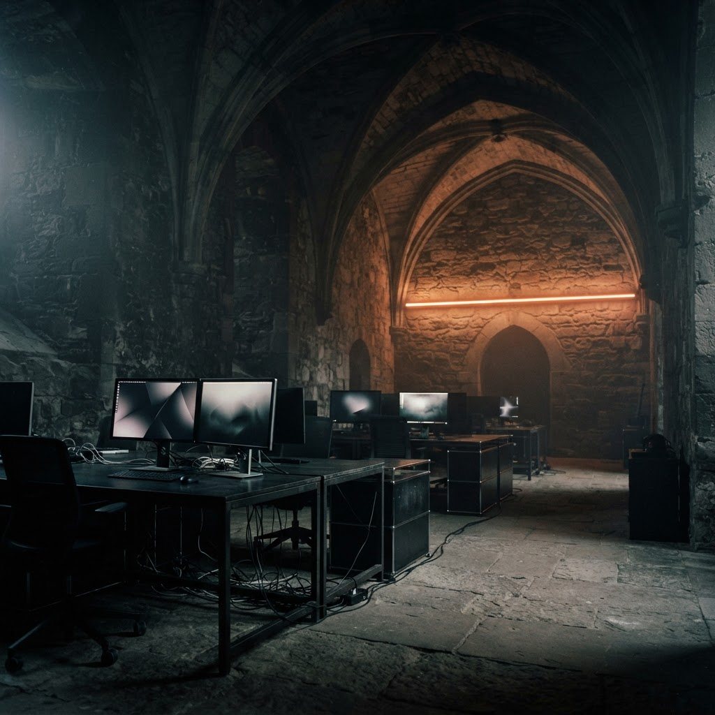 Workstations glowing under a vaulted stone ceiling with an ember light along the wall