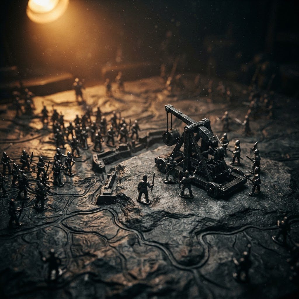 Miniature soldiers and a trebuchet on a dark relief map lit by a lamp