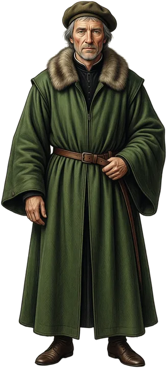 The Chancellor in a long green robe with a fur collar