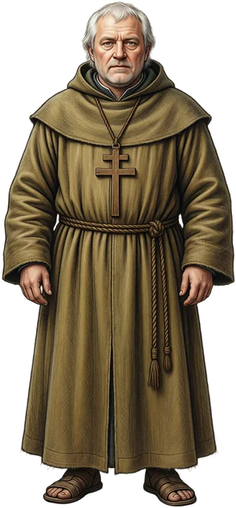 The Chaplain, an elderly priest in an ochre habit