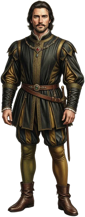 Duke Tomas in a black and gold doublet