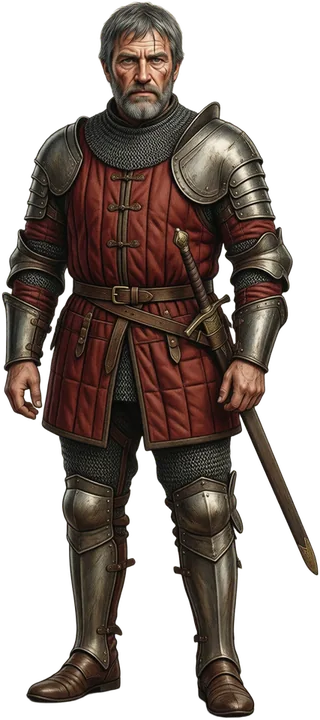 The Marshal in plate armour over a red surcoat