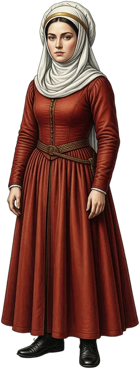 The Queen in a red gown and white veil