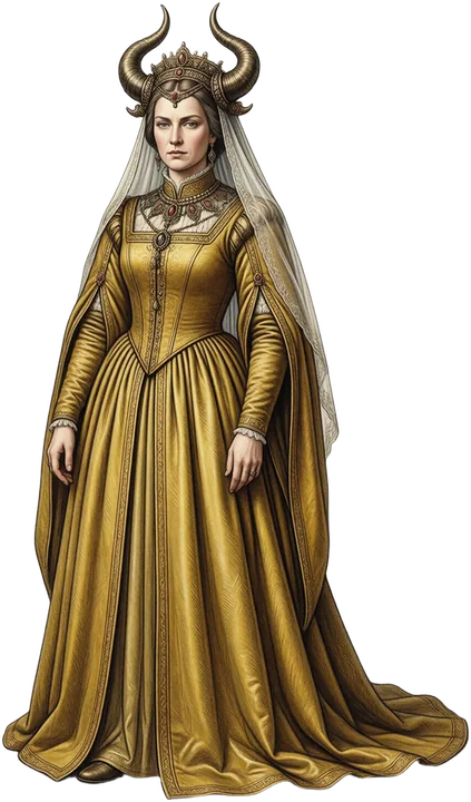 Queen Isabeau in a gold gown and horned headdress