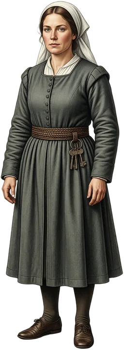 The Steward in a plain grey dress and white coif