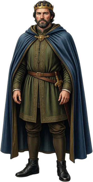 Full-length portrait of the king in a green tunic, blue cloak and gold crown