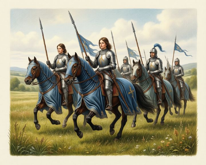 Armoured cavalry with blue pennants rides across a meadow