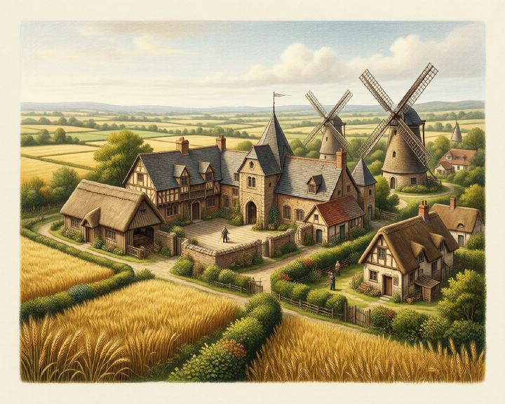 A grain manor among wheat fields
