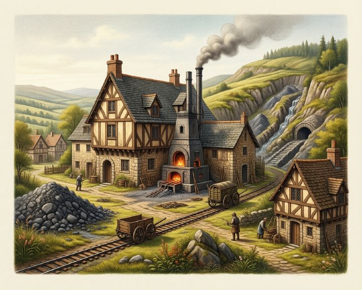 An iron works with a smoking furnace