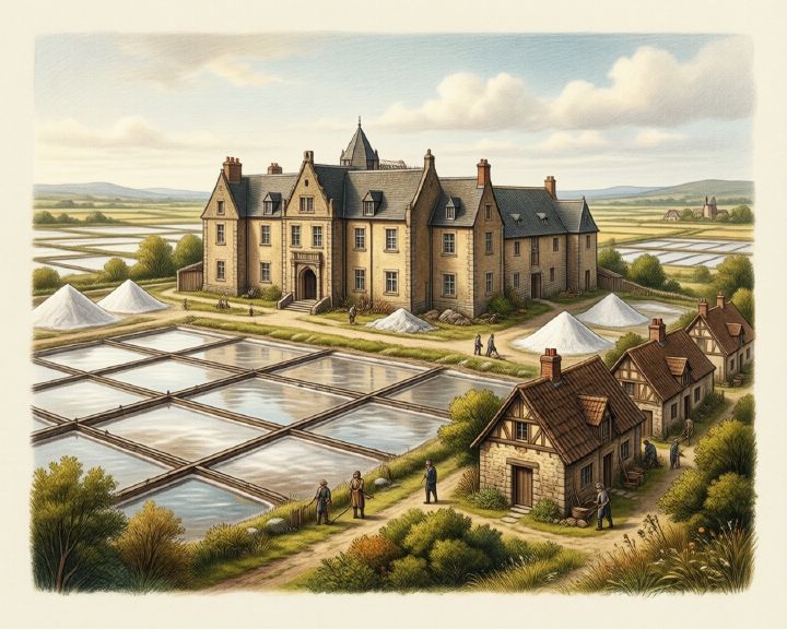 Salt pans before a manor house