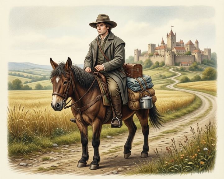 A rider in plain clothes on a brown horse heads toward a distant castle