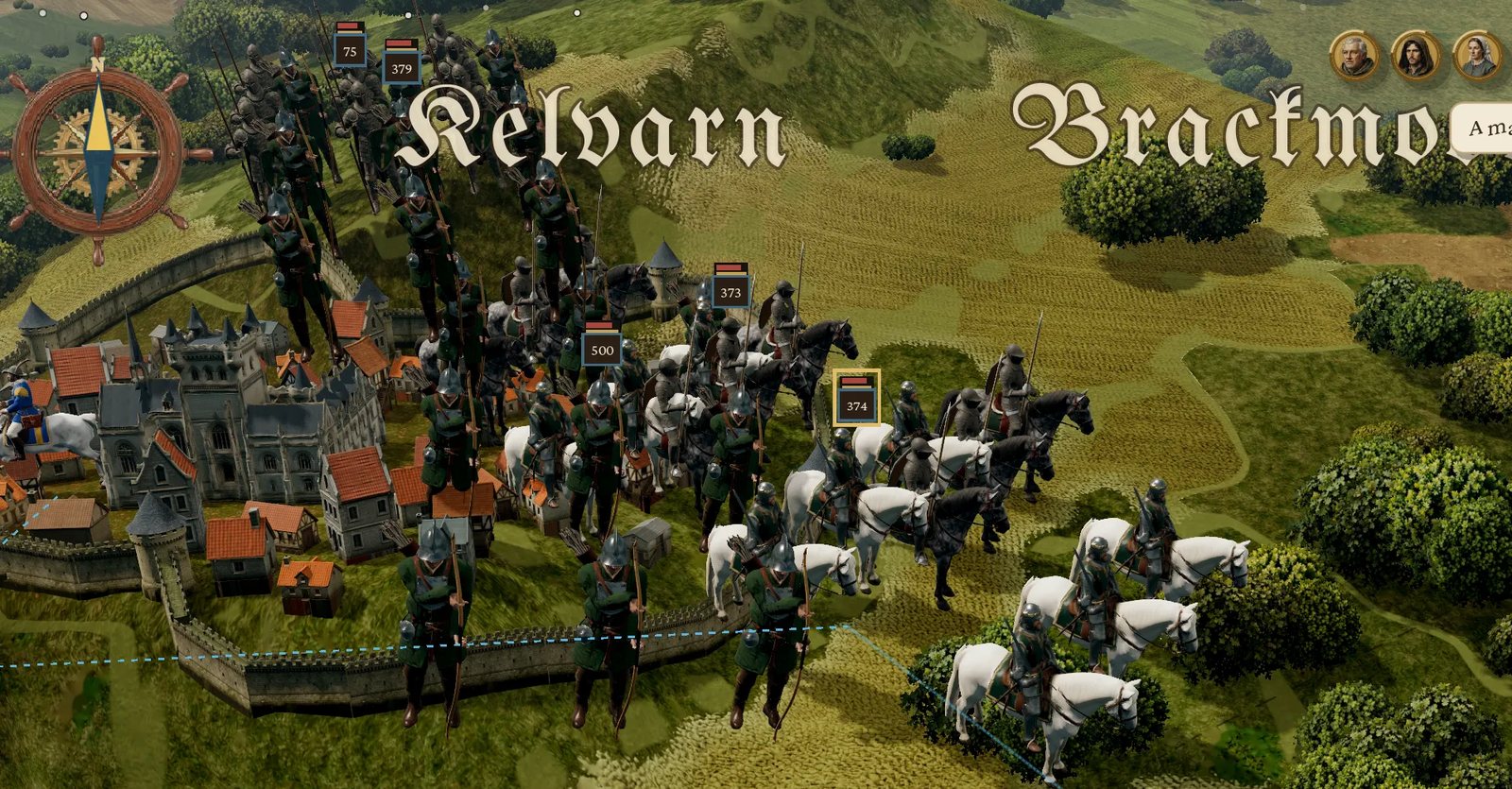 In-game: Kelvarn's archers, men-at-arms and cavalry march past a walled town