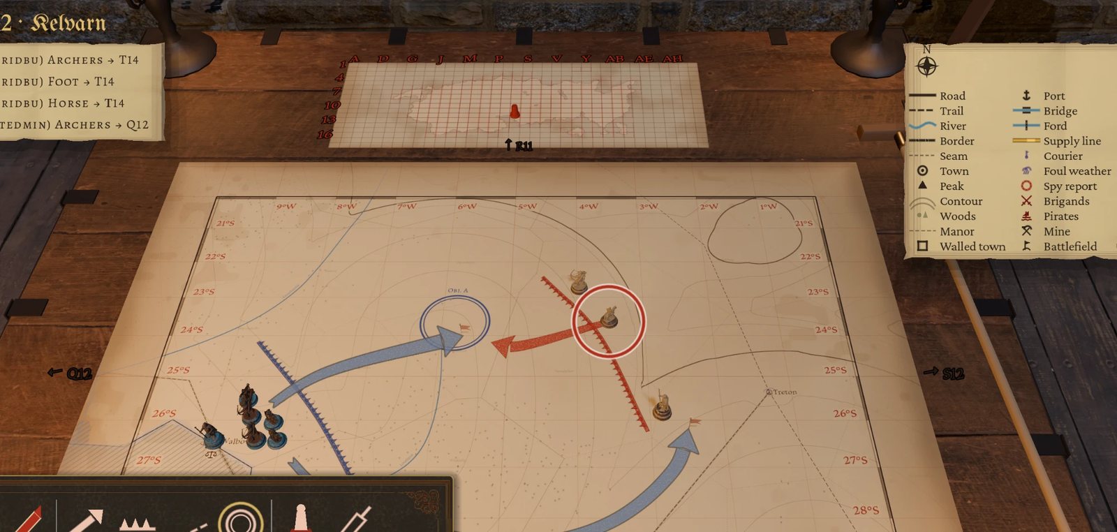 The War Room table: a parchment staff map with advance arrows, an enemy line, wooden pieces and a map legend